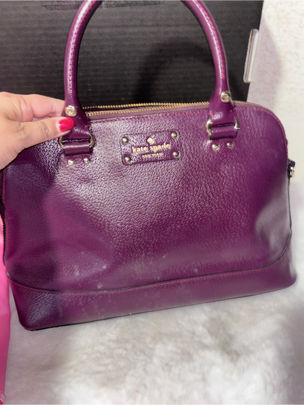 kate spade deep plum leather satchel with gold hardware